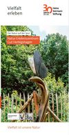 Holzskulptur mit einem Schmetterling aus Holz vor grünen Büschen