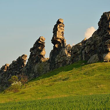 Teufelsmauer Mehrere Felssäulen, die aus einer Felsmauer ragen