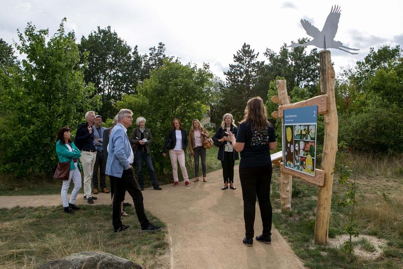 Betriebsausflug in Sielmanns Naturlandschaft Wanninchen, Mitarbeitende hören sich Infos von jemandem an einer Infotafel an