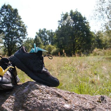 Ein paar Schuhe auf einem Stein vor einer Wiesenlandschaft