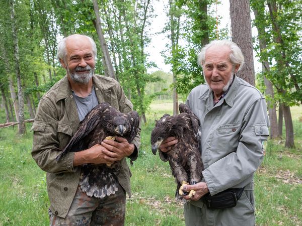 Heino Kasper und Horst Köpke nach erfolgreicher Beringung der jungen Seeadler.