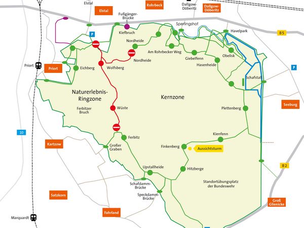 Karte mit aktuellen Wegesperrungen in Sielmanns Naturlandschaft Döberitzer Heide am 07.08. und 08.08.2023.