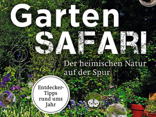 Das Buchcover bildet den Titel Gartensafari vor einem üppig grünen Garten und diversen Detailfotos von Gartentieren ab.