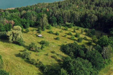 Die Streuobstwiese auf dem Drehnaer Weinberg liegt an der Kante eines alten Braunkohletagebaues, der geflutet wurde und heute als Stiebsdorfer See bekannt ist.