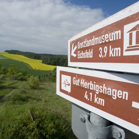 Wegweiser entlang eines Wanderwegs durch grüne Landschaft