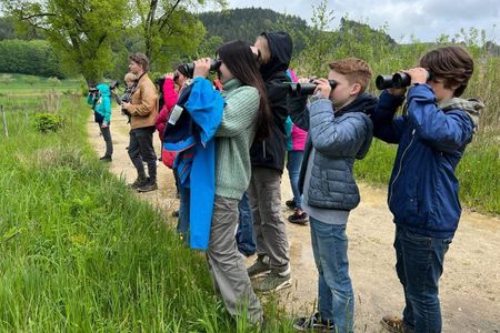 Schüler mit Ferngläsern unterwegs im Rahmen der Exkursion Bodensee-Safari