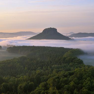 Elbsandstein, Sächsische Schweiz, Aussichtspunkt Kleiner Bärenstein, Nebel, Morgennebel, Lilienstein, Naturwunderwahl 2023.