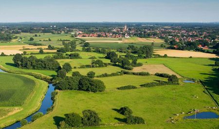 Grüne Flusslandschaft mit Gemeinde im Hintergrund