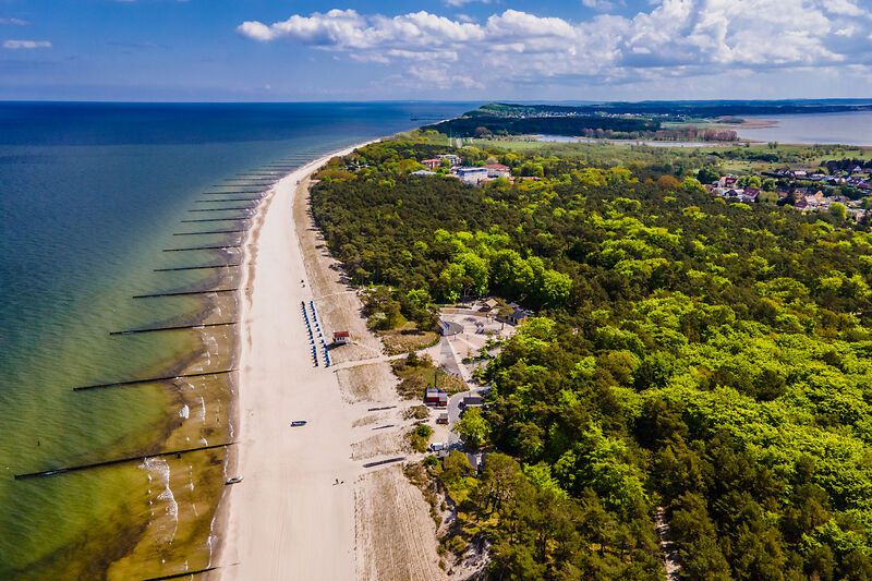 Strand in Zempin Heller Strandstreifen aus der Vogelperspektive, rechts umsäumt von Wald, links ist Meer