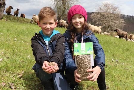 Kinder präsentieren Düngepellets aus Schafwolle