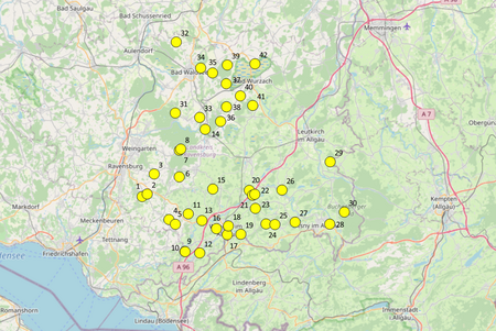 Karte mit den Standorten des Fledermaus-Monitorings im Landkreis Ravensburg 