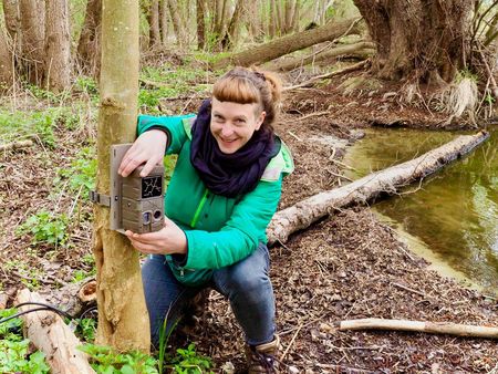 Eine junge rothaarige Frau mit grüner Jacke kniet vor einem Baum in einem Sumpfgebiet um eine Wildtierkamera zu befestigen.